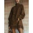 thumbnail image 5 of Women'S High Neck Suede Retro Long Sleeve Dress with Fringe Trim and Pockets Loose Fit Brown S, 5 of 7