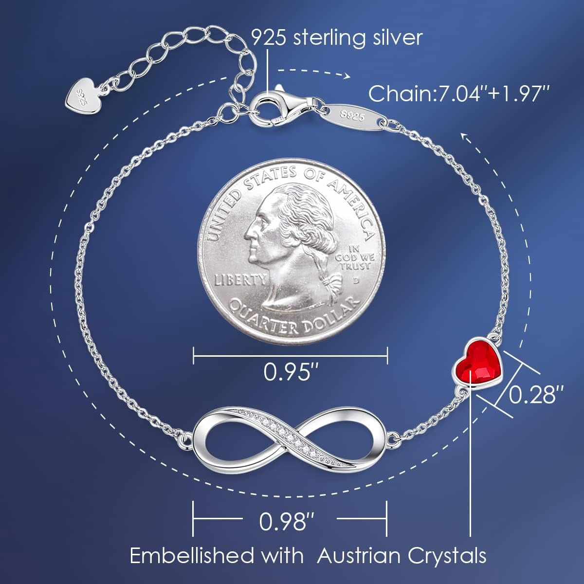 Tilga Infinity Heart Birthstone Charm Link Bracelet for Women 925 Sterling Silver Adjustable Mother's Day Gift Anniversary Birthday Jewelry for Wife Girlfriend Her