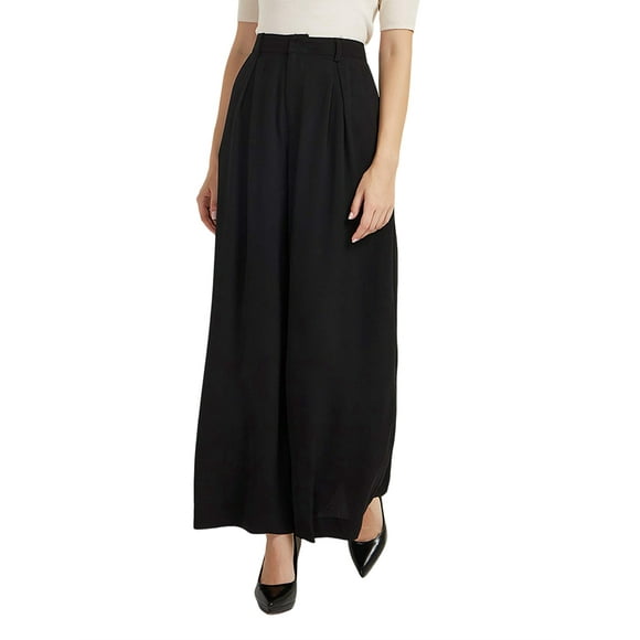 Pantalones Palazzo Largos de Pierna e Informales de Cintura Alta para Mujer, Talla Regular Negro M