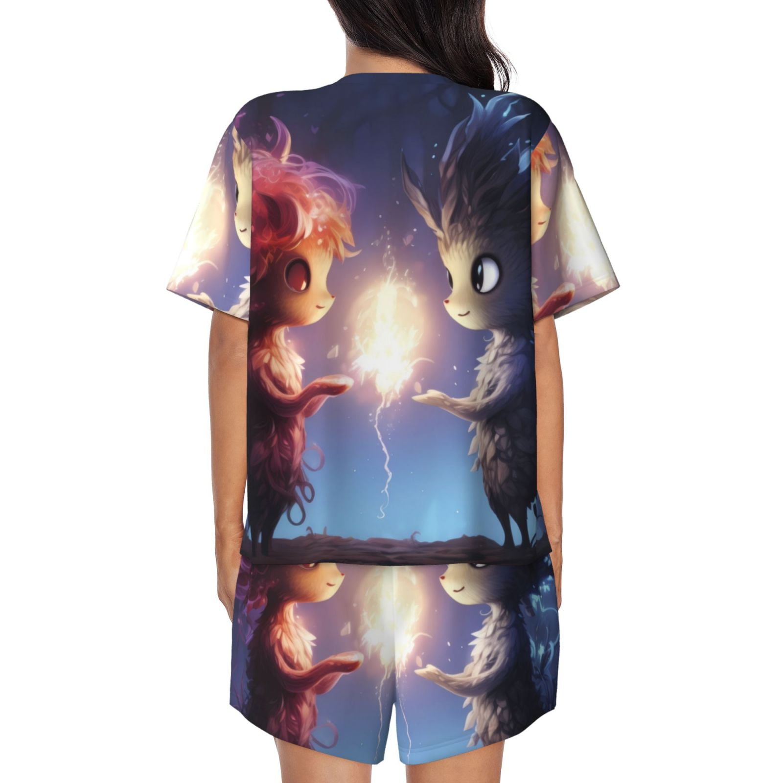 Rateoe Dreamy Forest Elf Pattern Women's Short-Sleeved Pajama Set - 2 Piece Soft and Lightweight Sleepwear Set-Large