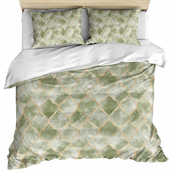 Sage Green Geometric Bedding 3 Piece Duvet Cover Set Full Size, Modern Morocco Abstract Art Soft Microfiber Comforter Cover with Zipper Closure & Pillowcases, Wrinkle & FadeResistant Quilt Cover