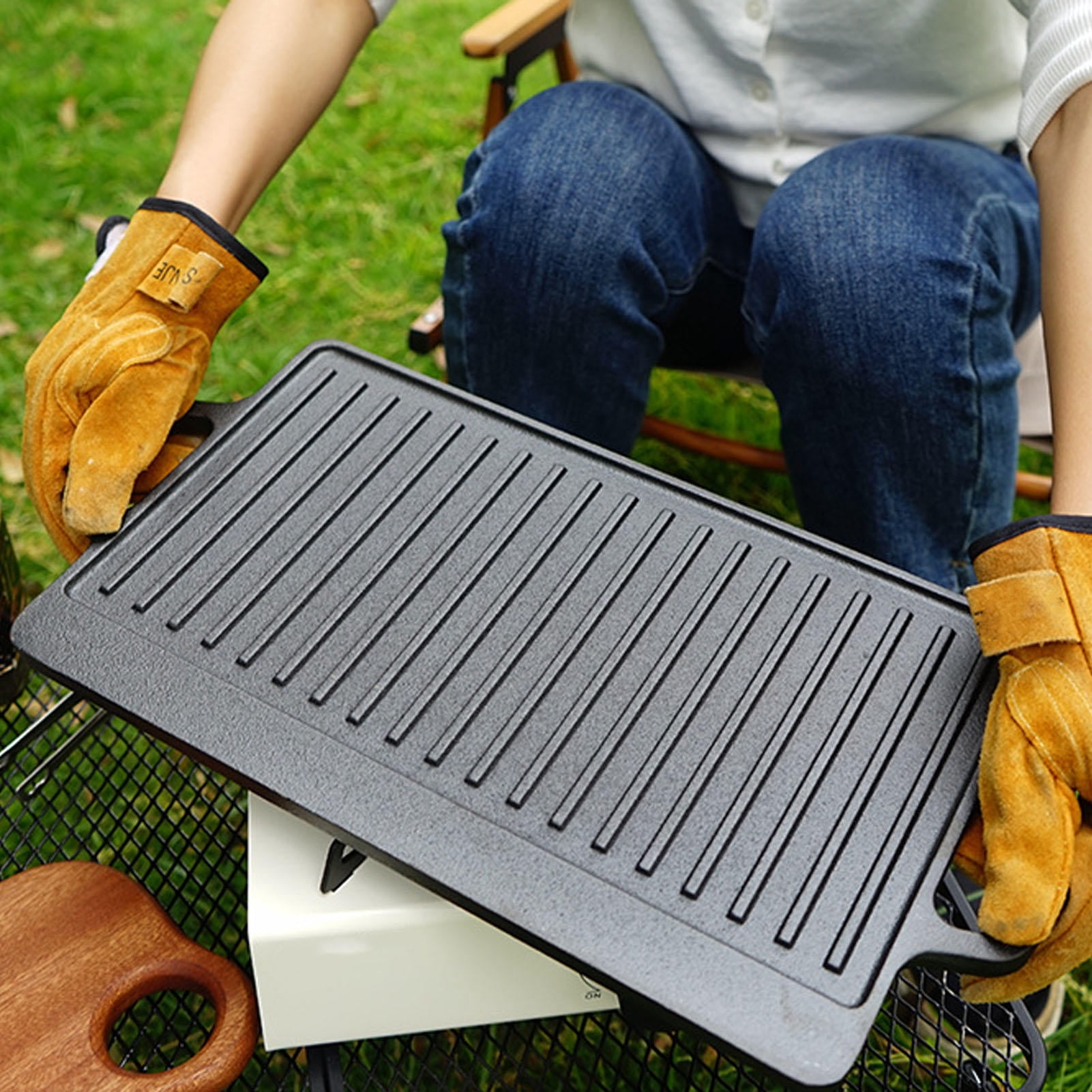 Yajisi 9.8”×18.1” Double‑Sided Iron Griddle Plate – Fast Even Heating, Reversible for Gas & Induction, Ideal for Outdoor Camping & Korean BBQ
