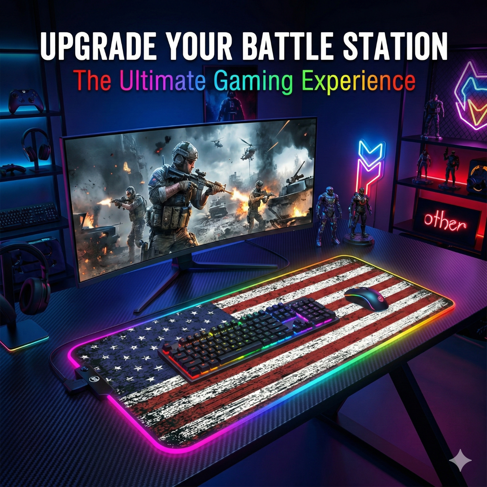 memzuoix LED Mouse pad 31.5×11.8 Inch, Large RGB Glow Gaming Mouse Pad for Computer, 12 Cool Lighting Modes, Anti-Slip Base, Waterproof, Stain Resistant, Desk Mouse pad for Wireless mouse, Flag Shape