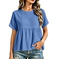 thumbnail image 4 of Craaazy Short Sleeve Tops for Women Loose Fit Solid Color Crew Neck Pleated Peplum Cotton Linen Blend Top Casual Summer Blouse for Daily Summer Wear, 4 of 6