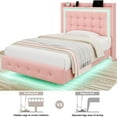 thumbnail image 2 of Homfa Twin Size Floating Bed Frame with RGB LED Lights Charging Station, Modern Velvet Upholstered Platform Bed with Storage Headboard, Pink, 2 of 8