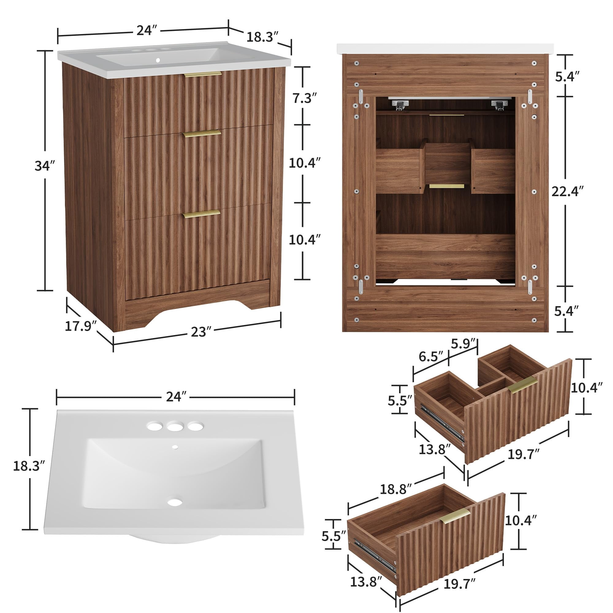 24" Fluted Bathroom Vanity with Sink, Farmhouse Freestanding Bathroom Sink Cabinet with 2 Drawers & 1 Flip-Down Drawer, Easy Assembly & Cleaning, Walnut