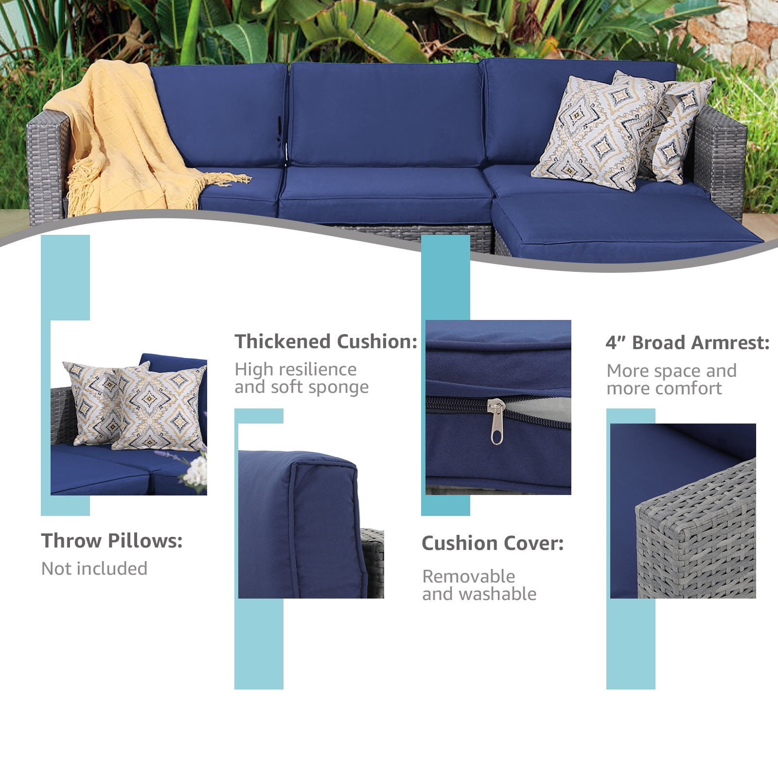 JOIVI 5 Pieces Outdoor Patio Furniture Set, All Weather PE Gray Wicker Rattan Sectional Furniture Set with Coffee Table, Navy Blue
