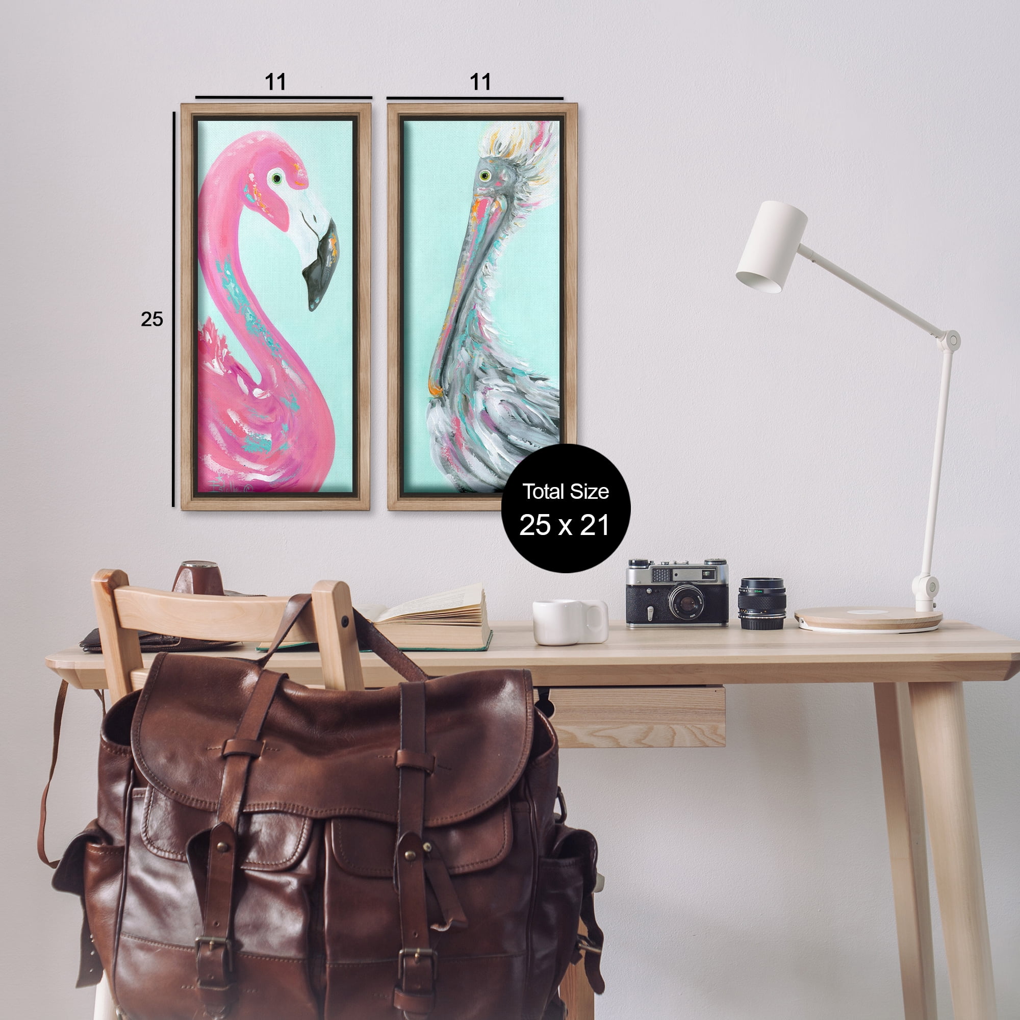 Stupell Industries Odd Flamingo Pelican Profile Animals Painting Brown Floater Framed Canvas Art Print Wall Art, 11 x 25, Set of 2