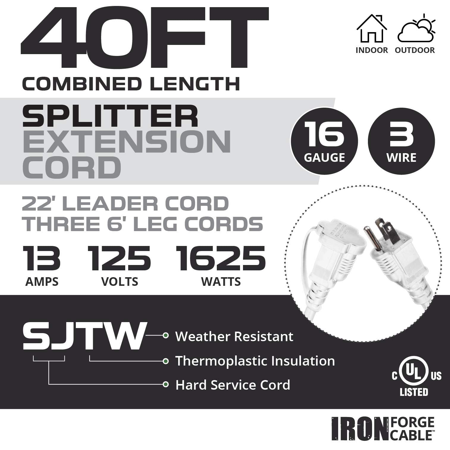 Iron Forge Cable White 1 to 3 Outdoor Extension Cord Splitter 28 Ft (40 Ft Total Length) - 16 Gauge Power Cord, 3 Prong, 3 Outlets 16/3 SJTW