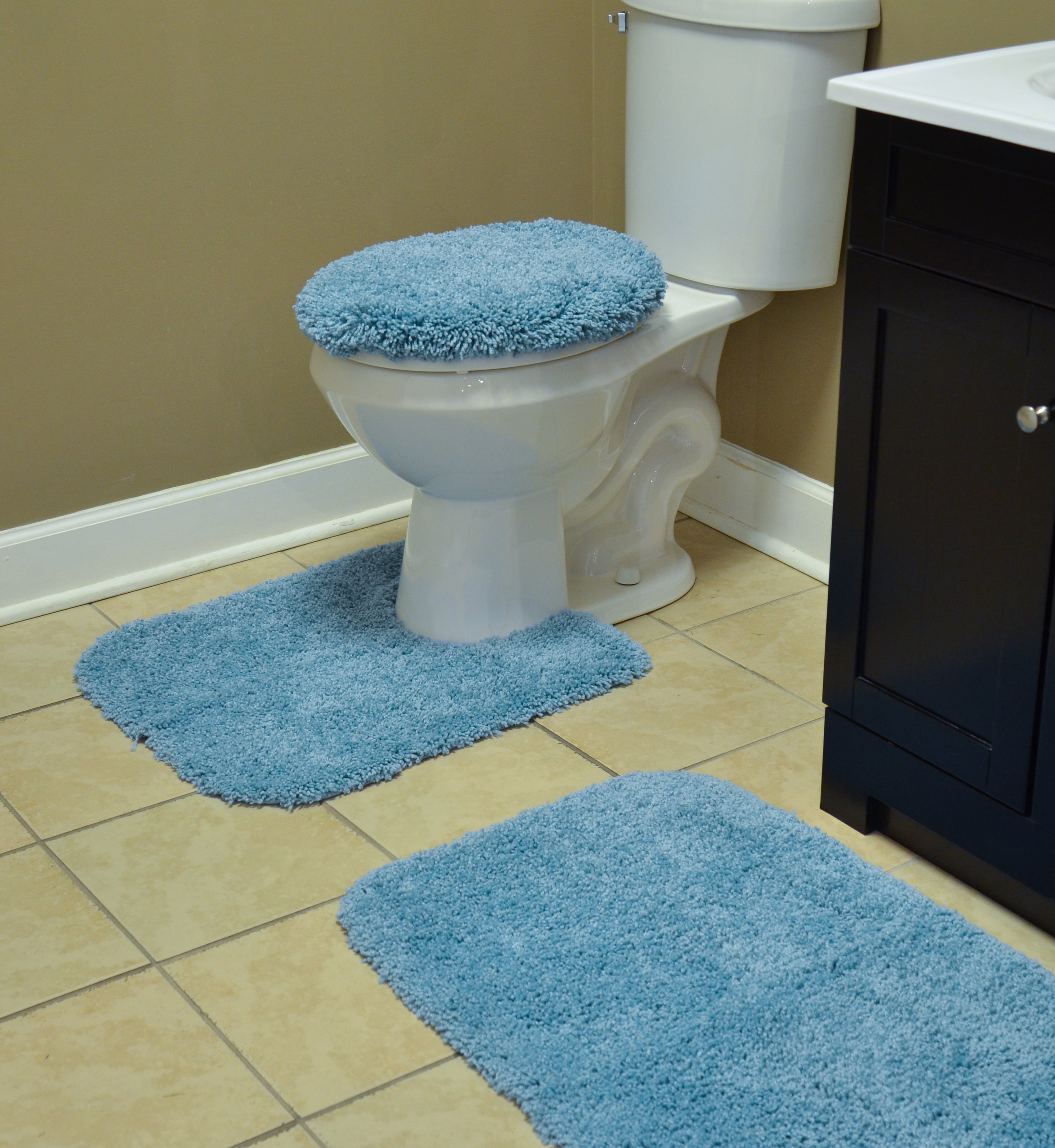 Garland Rug Serendipity Washable Nylon Bath Rug Set, 3 Piece Set (21"x34" Bath Rug, Contour Rug, & Toilet Lid) Basin Blue