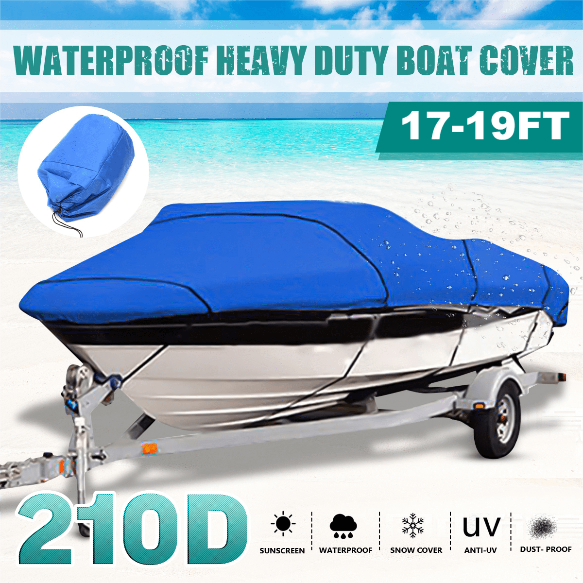 210D Trailerable Boat Cover for 17-19ft Boat Beam Width up to 95", Heavy Duty Waterproof Fishing Ski Bass V-Hull Tri-Hull Runabouts Boat Cover Anti UV All Weather Protection, Blue