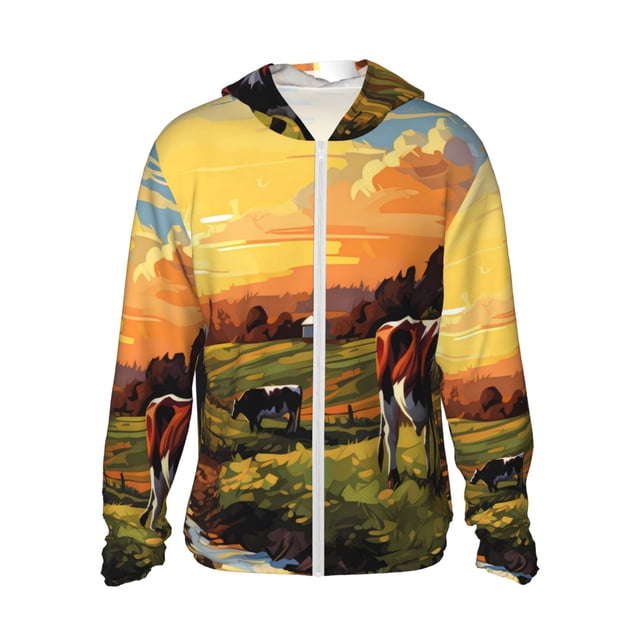 Balery Oil Painting Style Pasture Cow Sudadera ligera de manga larga con capucha y protección solar UPF 50+ para hombre y mujer, ideal para pesca y running-Medium