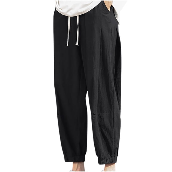 BXINGOHAI Men's Cotton Linen Pants Drawstring Breathable Jogging Pants Elastic Waistband Solid Pants Outdoor Running Workout Pants With Pocket Today Sales Black,L