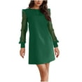 thumbnail image 2 of Antinious Women Long Sleeve Solid Color Crew Neck Frock Dress Mesh Sheer Polka Paneled Mid Calf Evening Dress,Fall Winter Savings!Birthday Dresses for Women,Women Party Dress,Green,M, 2 of 5