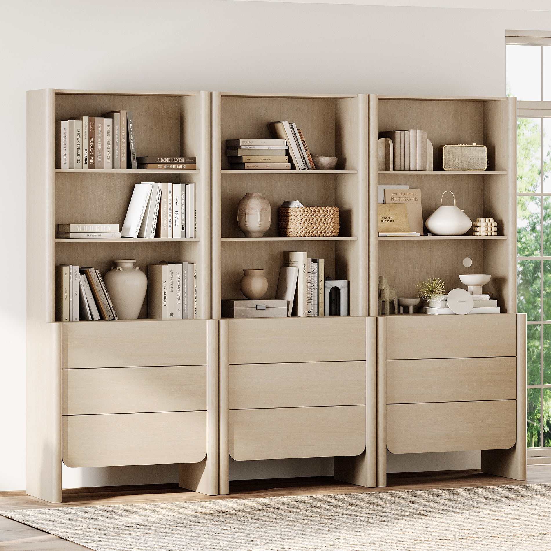 94.5-Inch Modern French Bookcase with Curved Edges, 9 Drawers and Open Shelving, 72.8" Tall, Beige