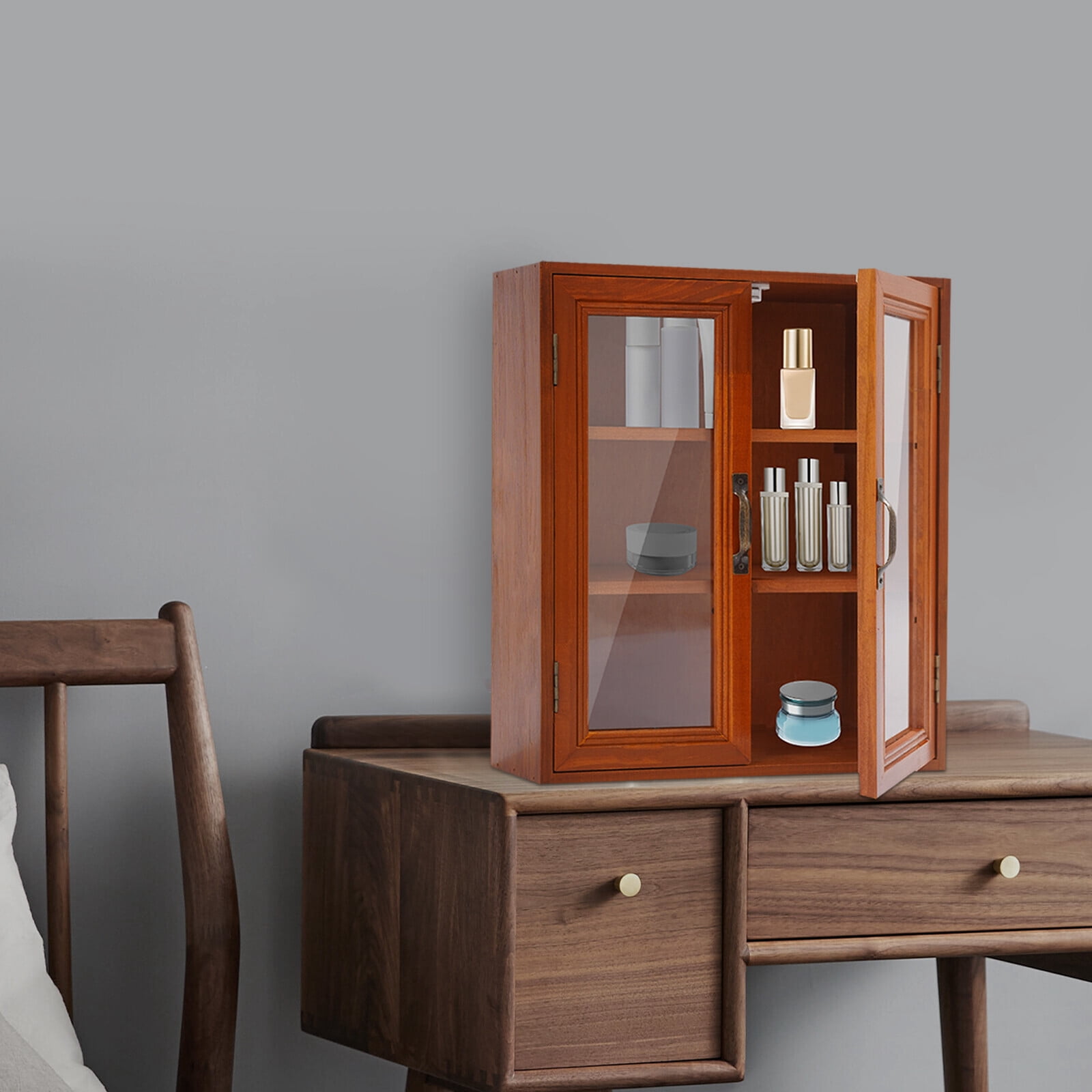 Wood Storage Cabinet 3-Tier Storage Cupboards Double Door Pantry Cabinet Brown