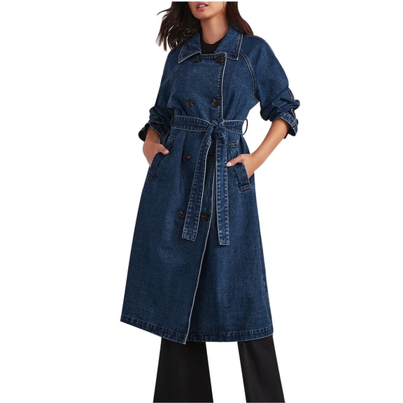 XPMWRP Women's Double Breasted Long Denim Trench Coat Long Sleeve Solid Color Casual Jacket Lapel Collar Winter Belt Coat with Pockets Blue XXL