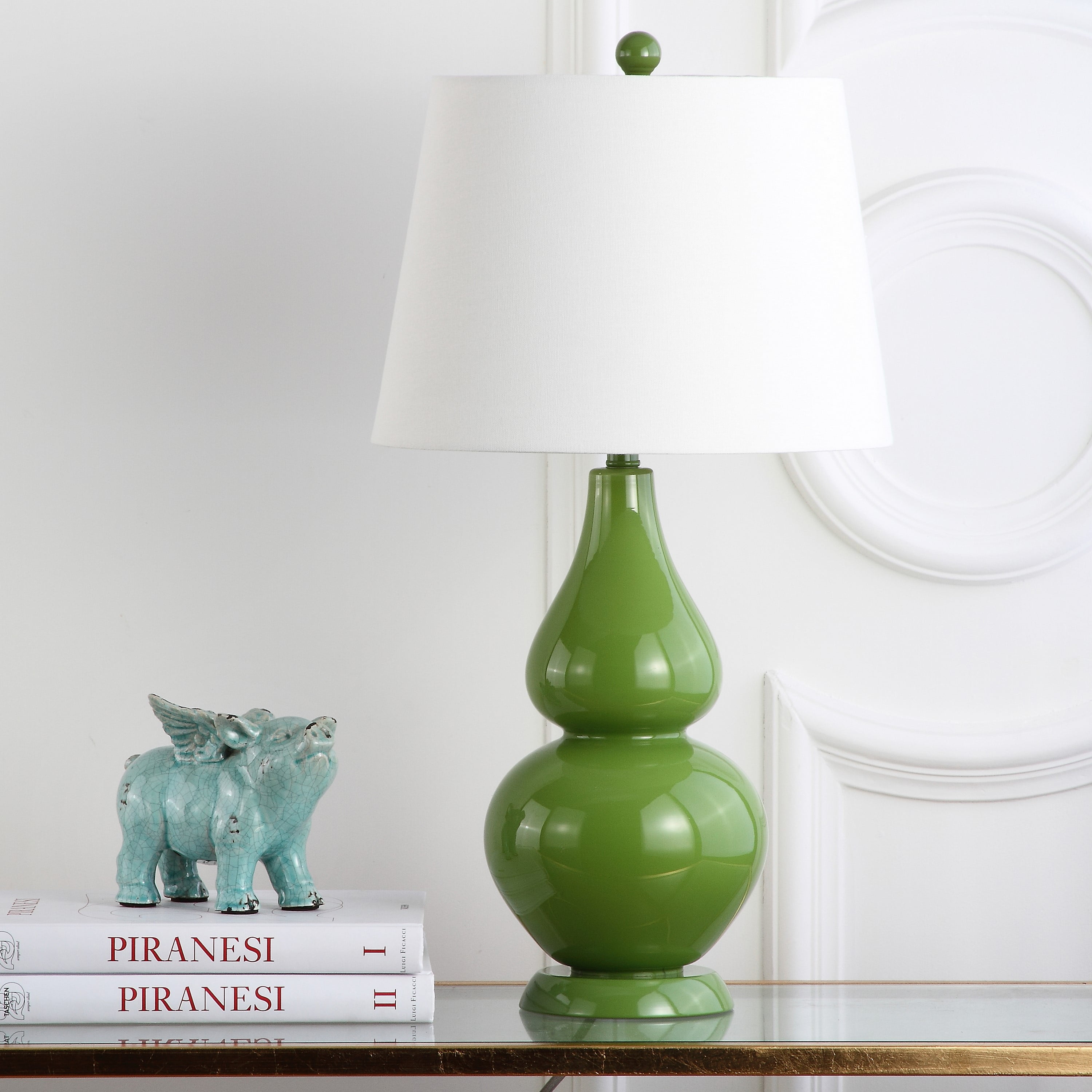 SAFAVIEH Cybil 26 in. Green Glass Table Lamp with Off-White Cotton Shade, Set of 2