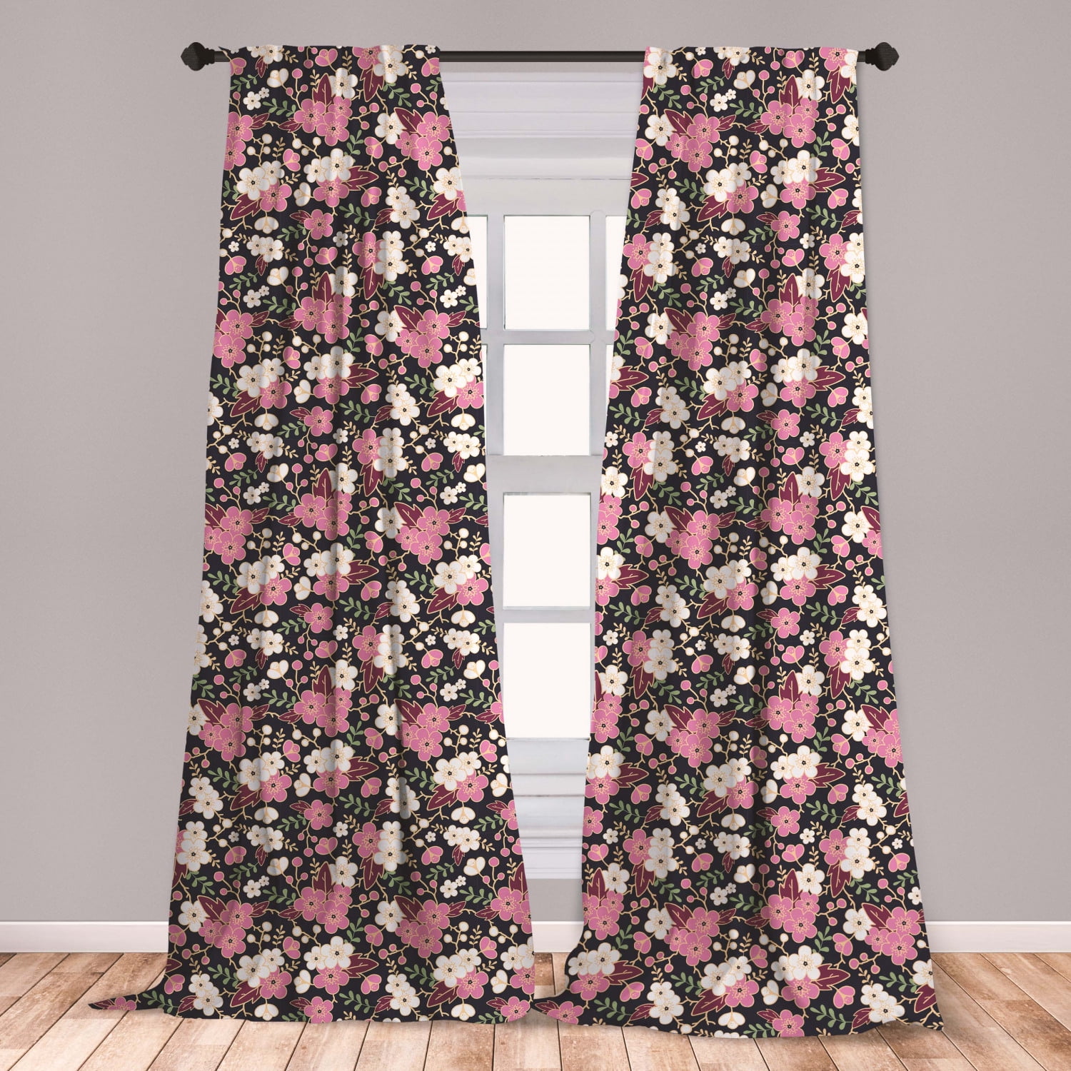 Japanese Curtains 2 Panels Set, Soft Spring Night Garden Pattern with