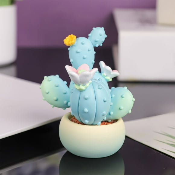 Mini Resin Cactus Figurines Miniature Blue Cactus Potted Plants with Colorful Flowers Car Dashboard Decorations Artificial Cacti Plants Statue with Gradient Color Flower Pot Landscapes Bonsai Home