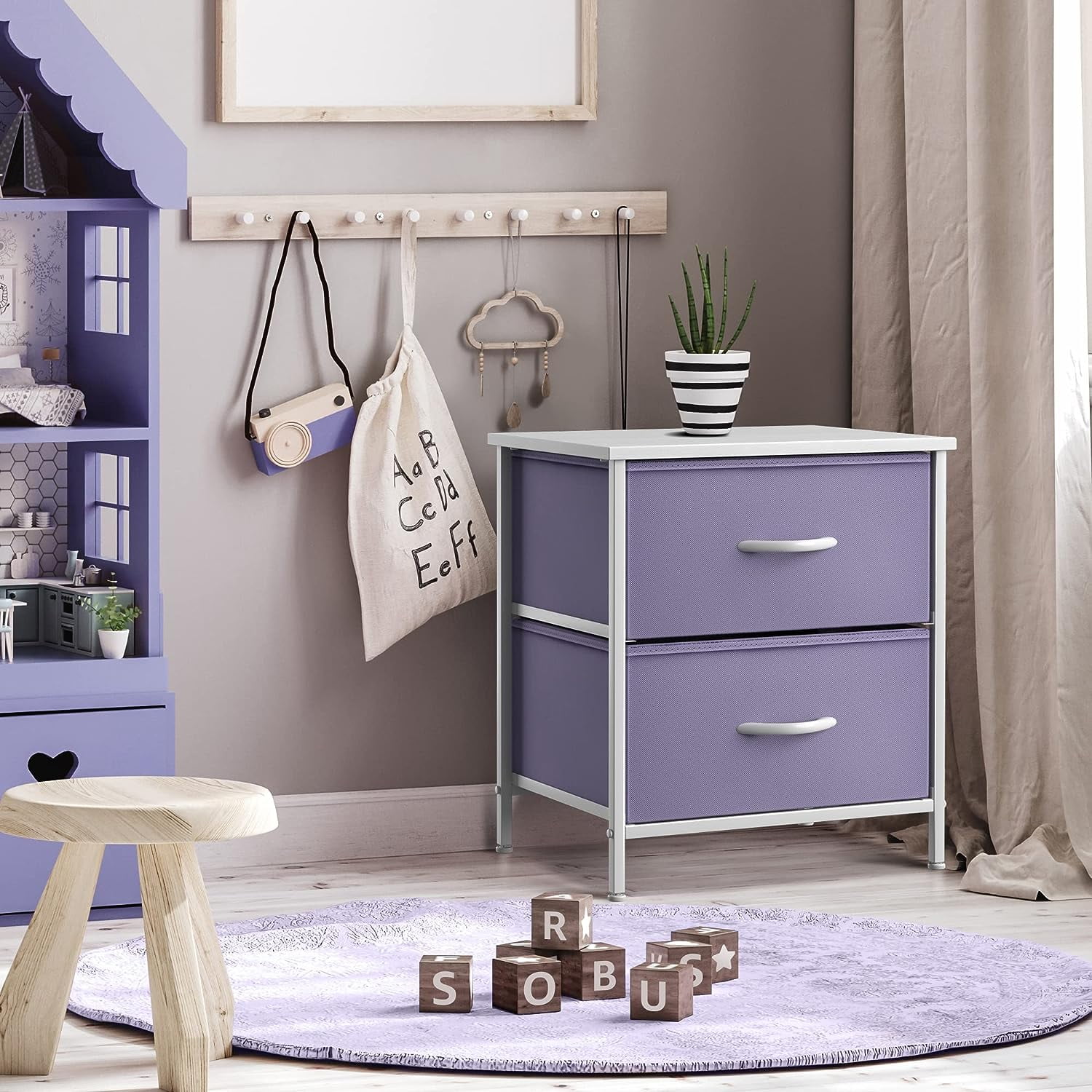 Sorbus Nightstand with 2 Drawers, Steel Frame, Wood Top, Fabric Bins, Purple
