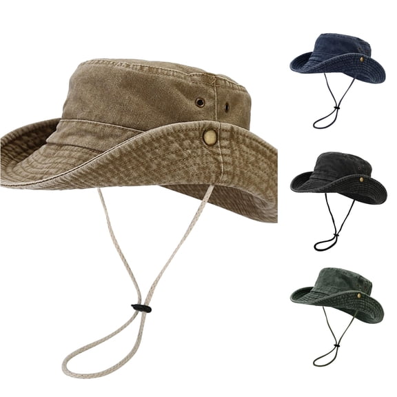 XIAOCHA Mens Wide‑Brim Boonie Hat Washed‑Finish Western Cowboy Hat Travel Sun Hat,Khaki