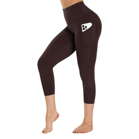 GAYHAY Leggings with Pockets for Women - 19" / 25" Yoga Pants High Waist Tummy Control Compression for Workout Brown