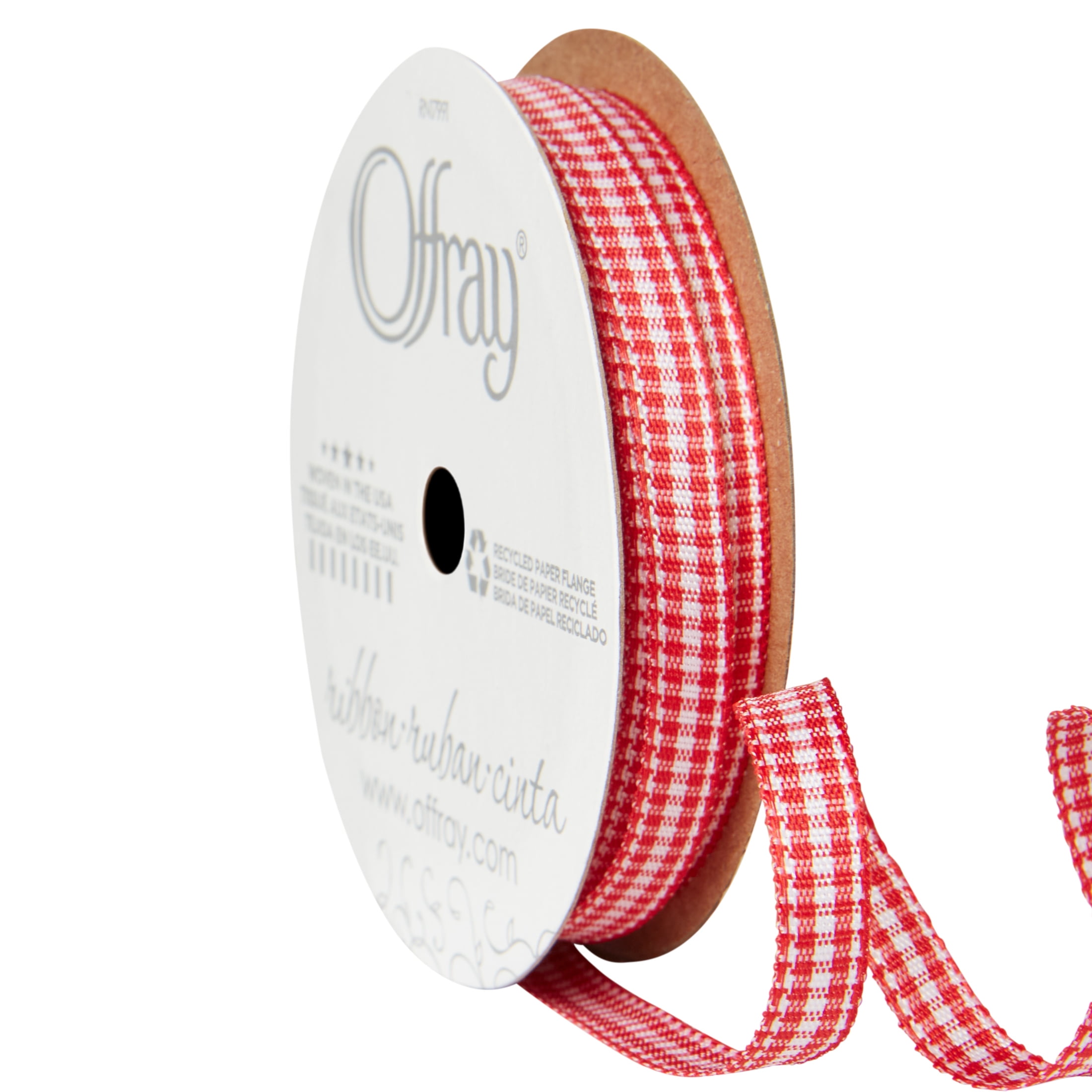 (4 pack) Offray Ribbon, Red and White 1/4 inch Microcheck Woven Ribbon, 12 feet