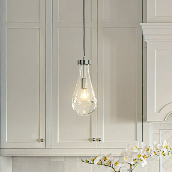 1 Light W5" Farmhouse Raindrop Pendant Light with Glass Shade in Brush Black Nickel Rustic Teardrop Cluster Pendant for Kitchen Island