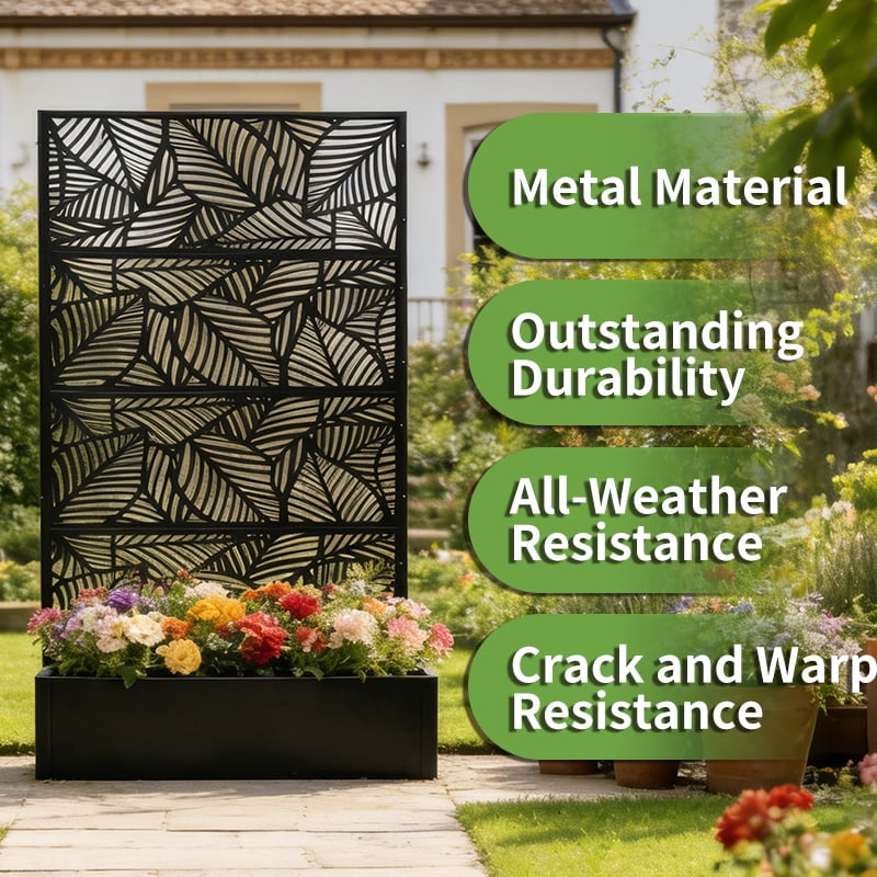 Privacy Screen with Planter Box, Black Metal Freestanding Decorative Fence Planter for Patio Balcony Backyard, 70.87"H x 46.06"W