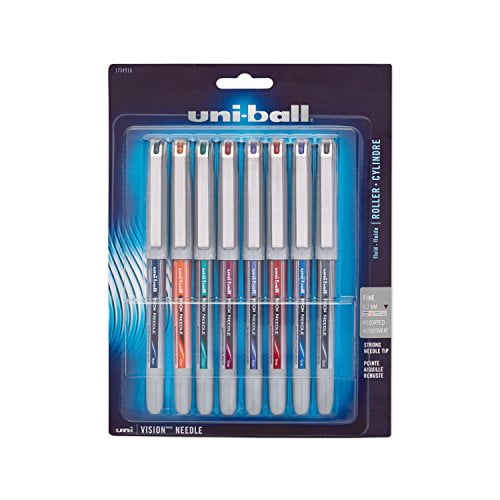 Vision Needle Roller Ball Stick Liquid Pen, Assorted Ink, Fine, 8/set