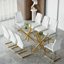 LUFTUT 71" Glass Dining Table Set for 8, Modern Dining Table with Gold Legs and 8 Faux Leather Chairs, Rectangular Dining Table for Kitchen and Dining Room