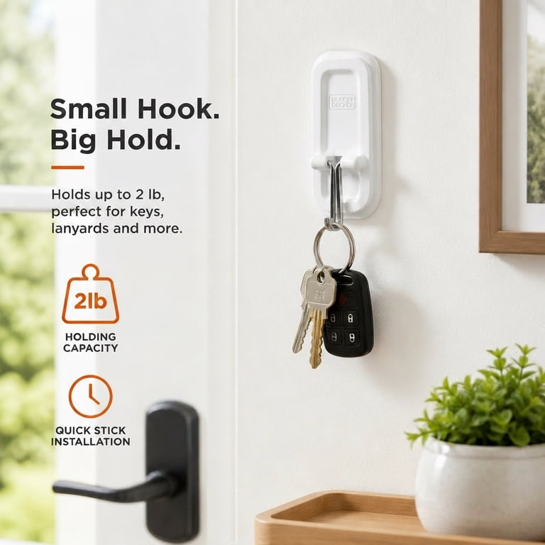 BLACK + DECKER Wall Hooks, Removable, Holds up to 2 lbs, White, 6