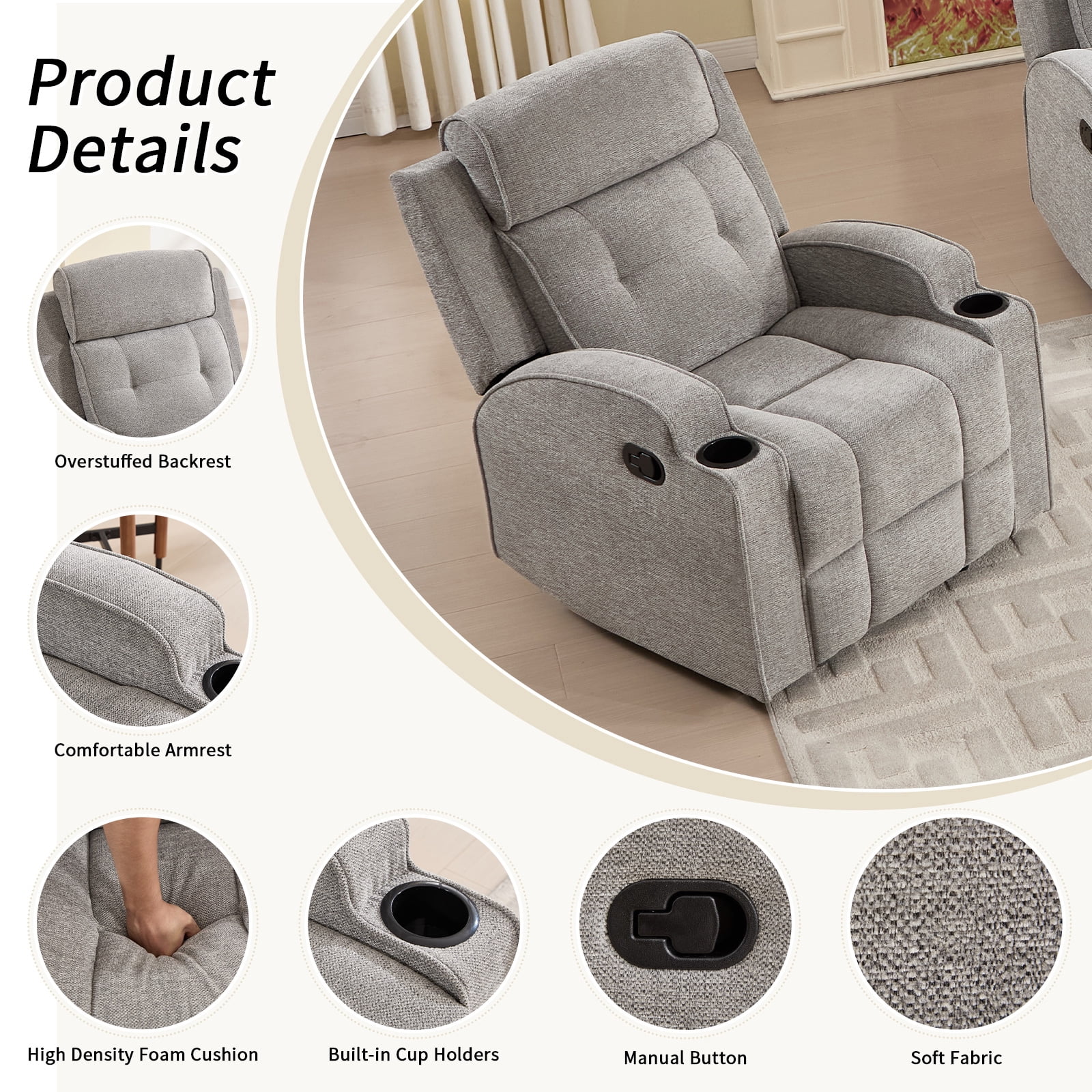 Bonzy Home Fabric Manual Recliner Chair — Modern Single-Seat Recliner with Padded Armrests & Backrest for Living Room & Bedroom