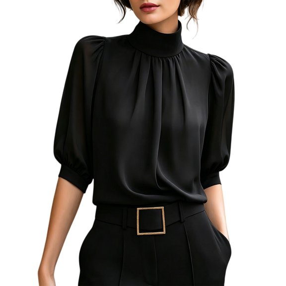 Womens Blouses Casual Tops Mock Neck Puff Sleeve Shirts Business Work Summer Outfits Lightweight Soft Daily Wear Fashion Tops by Yigetop Black L
