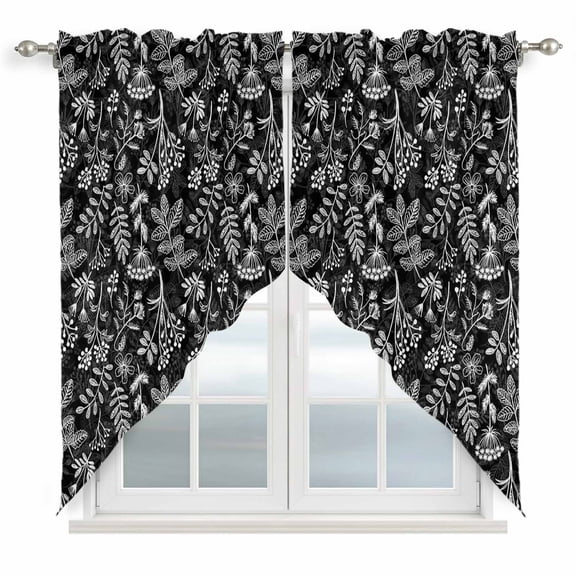 Dandelion Swag Curtains for Kitchen/Bedroom/Living Room, Modern Minimalist Abstract Flowers Black Scalloped Curtains 63 Inch Long, Rod Pocket Window Swag Topper Curtains Valances 2 Panels Set 36"x63"