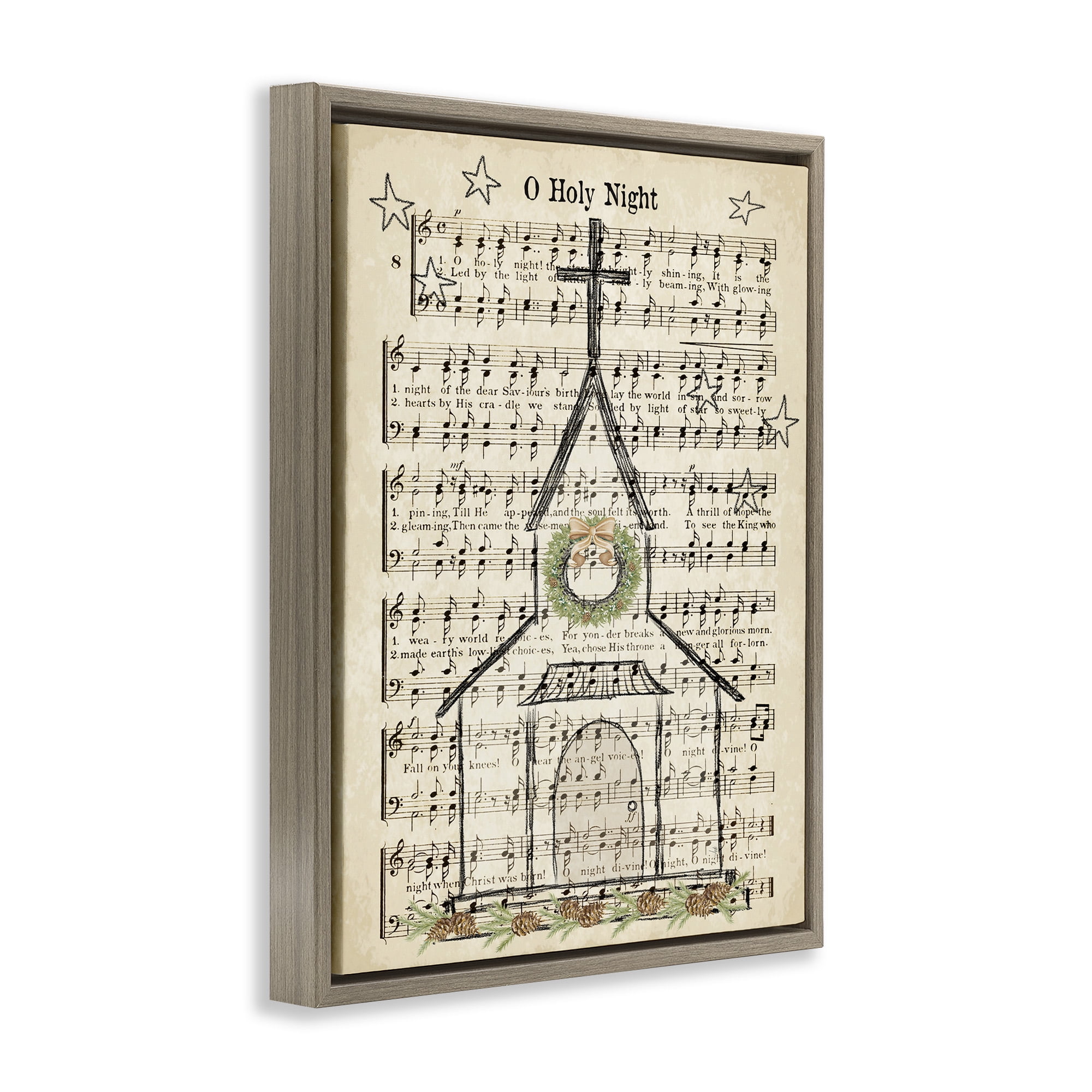 Stupell Industries Festive Holy Night Musical Script Religious Painting Brown Floater Framed Canvas Art Print Wall Art, 25 x 31