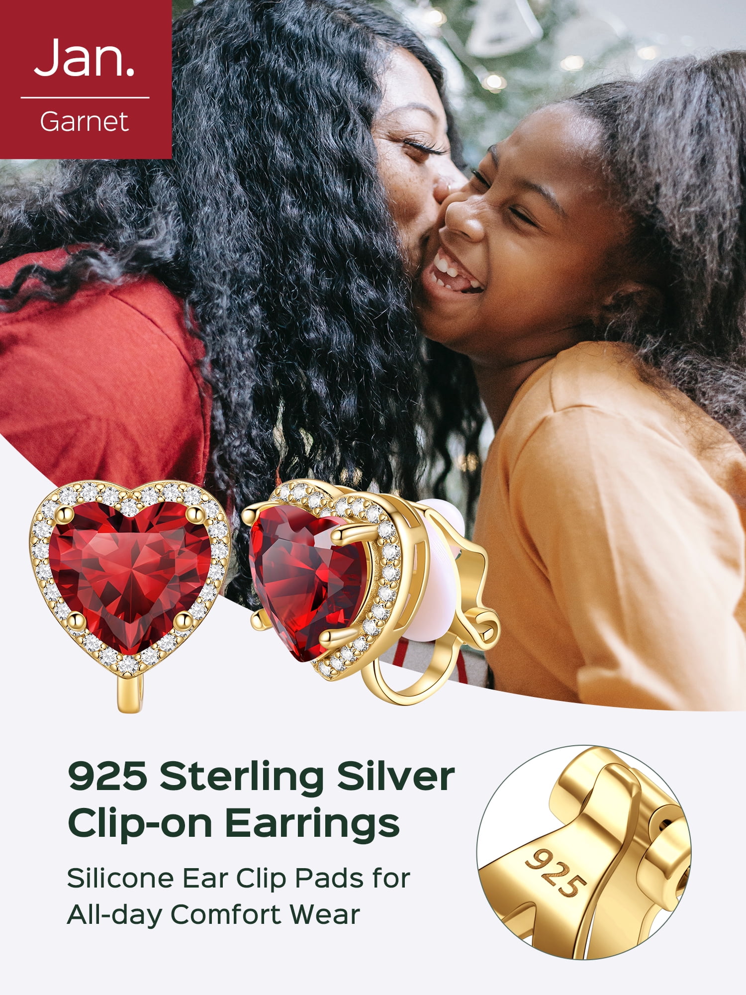 ChicSilver 925 Sterling Silver Non-Pierced Stud Earrings January Birthstone Clip-on Earrings for Women 14K Gold Plated