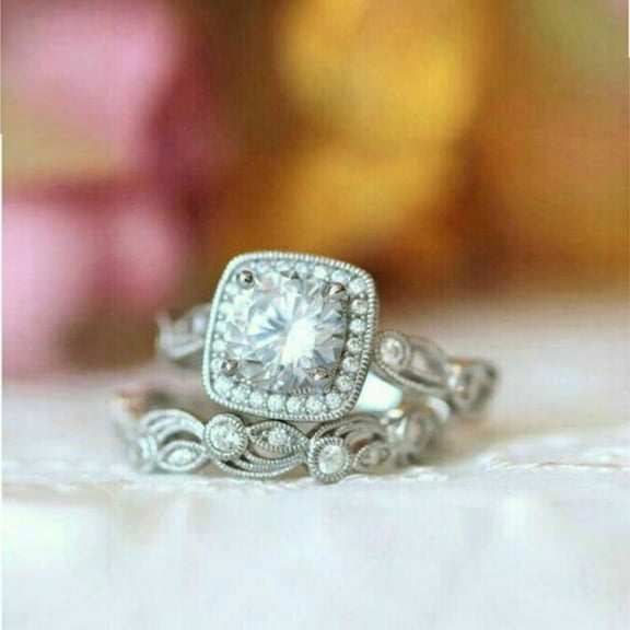 Rag Jewels 3.00 Ctw Cushion Cut White Diamond Wedding Anniversary Bridal Set Ring 14K White Gold Plated 925 Sterling Silver 925 Sterling Silver -4