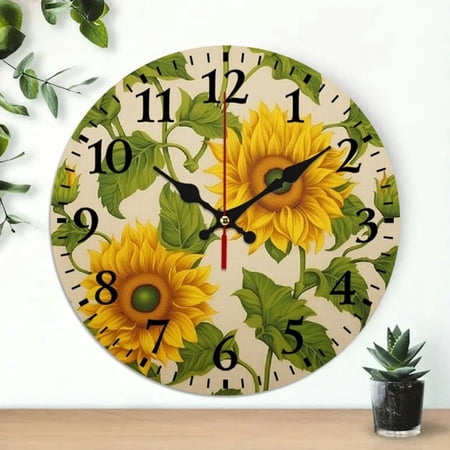SBEMP Sunflower Theme 10-Inch Wall Clock, Battery Operated - Ideal for Living Room, Kitchen, Dorm, Decor & Everyday Gifts 10x10in