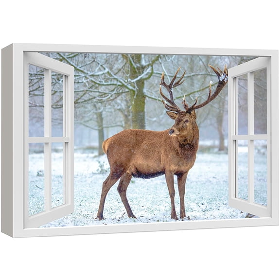 wall26 Canvas Print Wall Art Window View Rustic Winter Snow Forest Moose Deer Wilderness Nature Photography Realism Scenic Landscape Colorful Multicolor for Living Room, Bedroom, Office - 24"x36