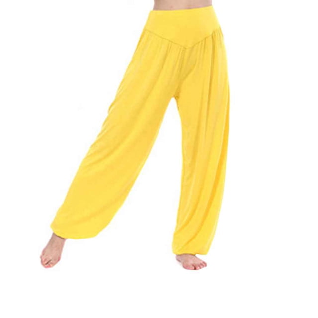 Greeniant Pantalones de yoga de cintura alta para mujer, bombachos sueltos para danza del vientre, pantalones de Tai Chi sólidos modales Uniforme atlético Amarillo S