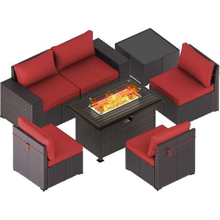 Gotland Outdoor Patio Furniture Set 7 Pieces Rattan Wicker Sectional Sofa with 43.3 Gas Fire Pit Table Red