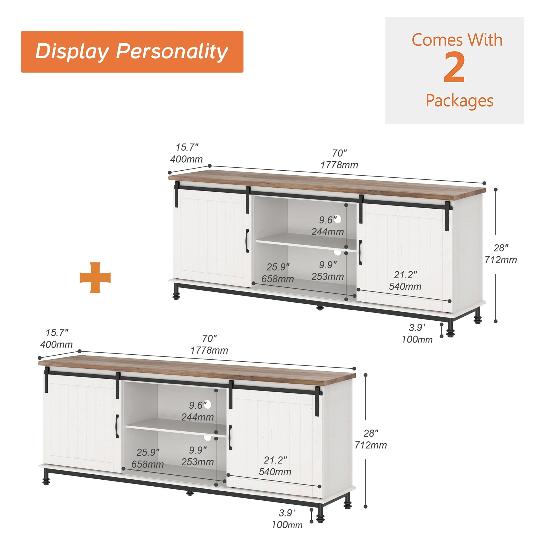2-in-1 Piece Inches TV Stand with 16 Colorful Led Lights, Wood Entertainment Center for livingroom, Console Table Storage Cabinet with Sliding Barn Door for 80 90 100 110 Inch TV