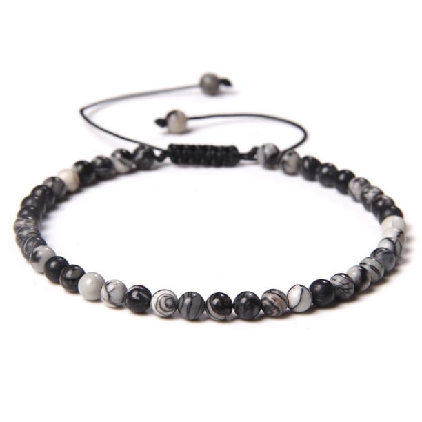 Nvzi Pulsera de cuentas hecha a mano, pulsera de cuentas finas de 4 mm tejida con cuentas de piedra natural ajustables, pulsera hecha a mano (blanco y negro)