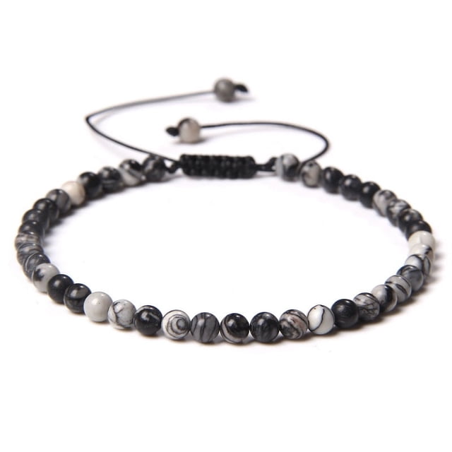 Nvzi Pulsera de cuentas hecha a mano, pulsera de cuentas finas de 4 mm tejida con cuentas de piedra natural ajustables, pulsera hecha a mano (blanco y negro)