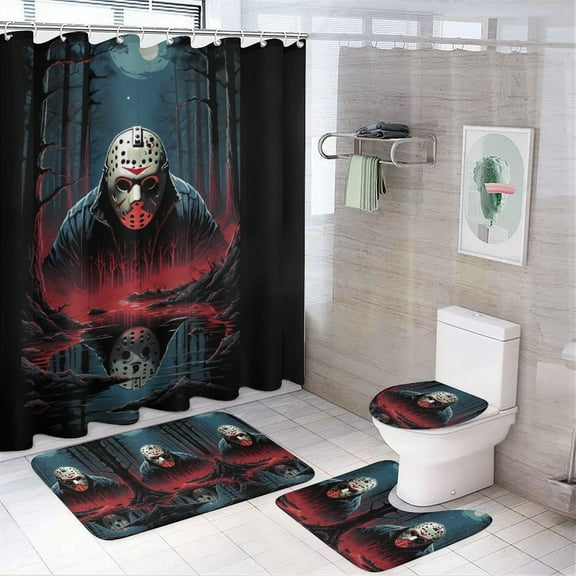4 Pcs Jason Voorhees Shower Curtain Set with Rugs, Bathroom Set with Shower Curtain And Rugs with 12 Hooks for Bathroom Decor