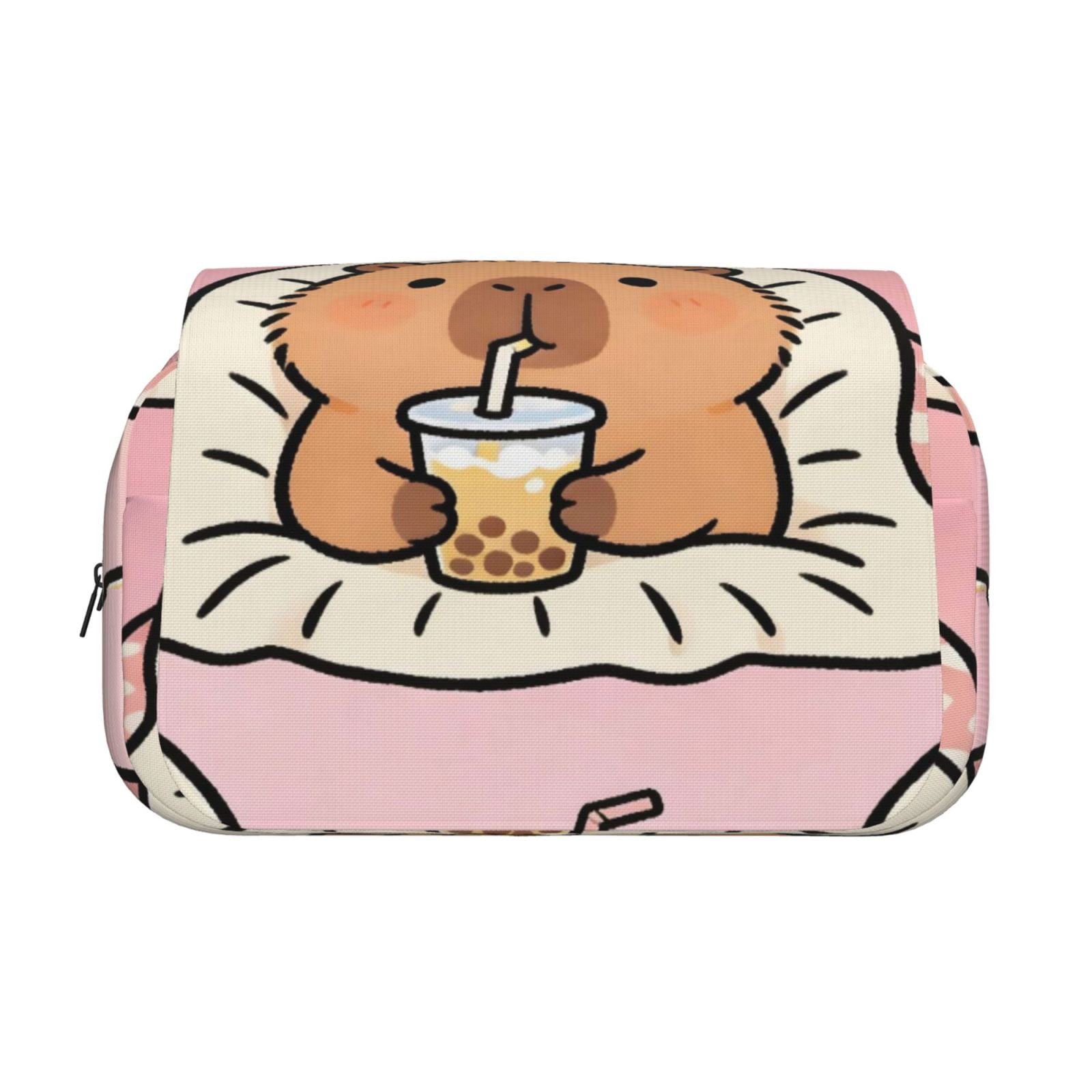 Large-Capacity Flip-Top Double-Layer Pencil Case, Multi-Functional Pocket Pen Case, Durable Stationery Organizer Capybara Lounging While Sipping Bubble Tea
