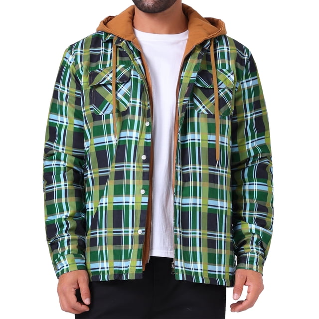 CHAQUETA Acolchada con Capucha y Cierre para Hombre INSPIRE CHIC, Estilo Shacket de Cuadros, Color Verde Caqui
