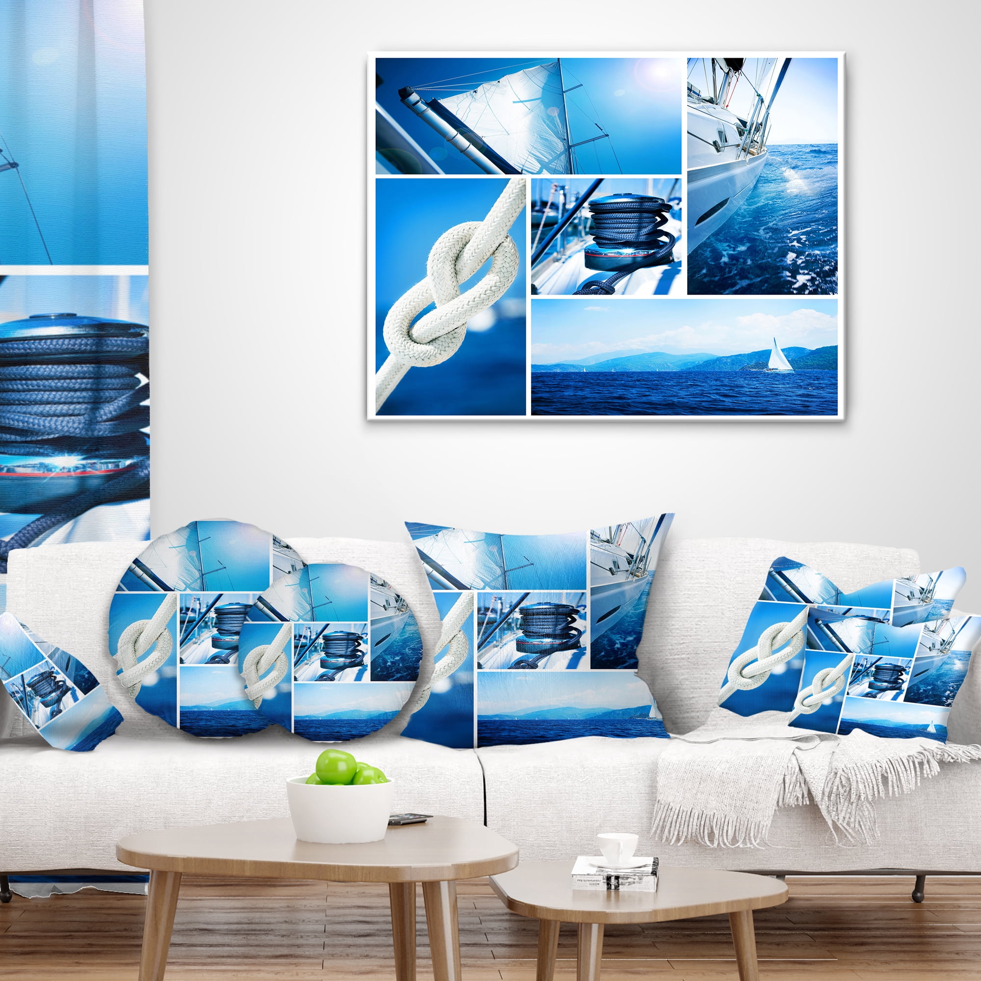 Designart Sailing Yacht in Blue Sea Collage - Seashore Throw Pillow - 18x18